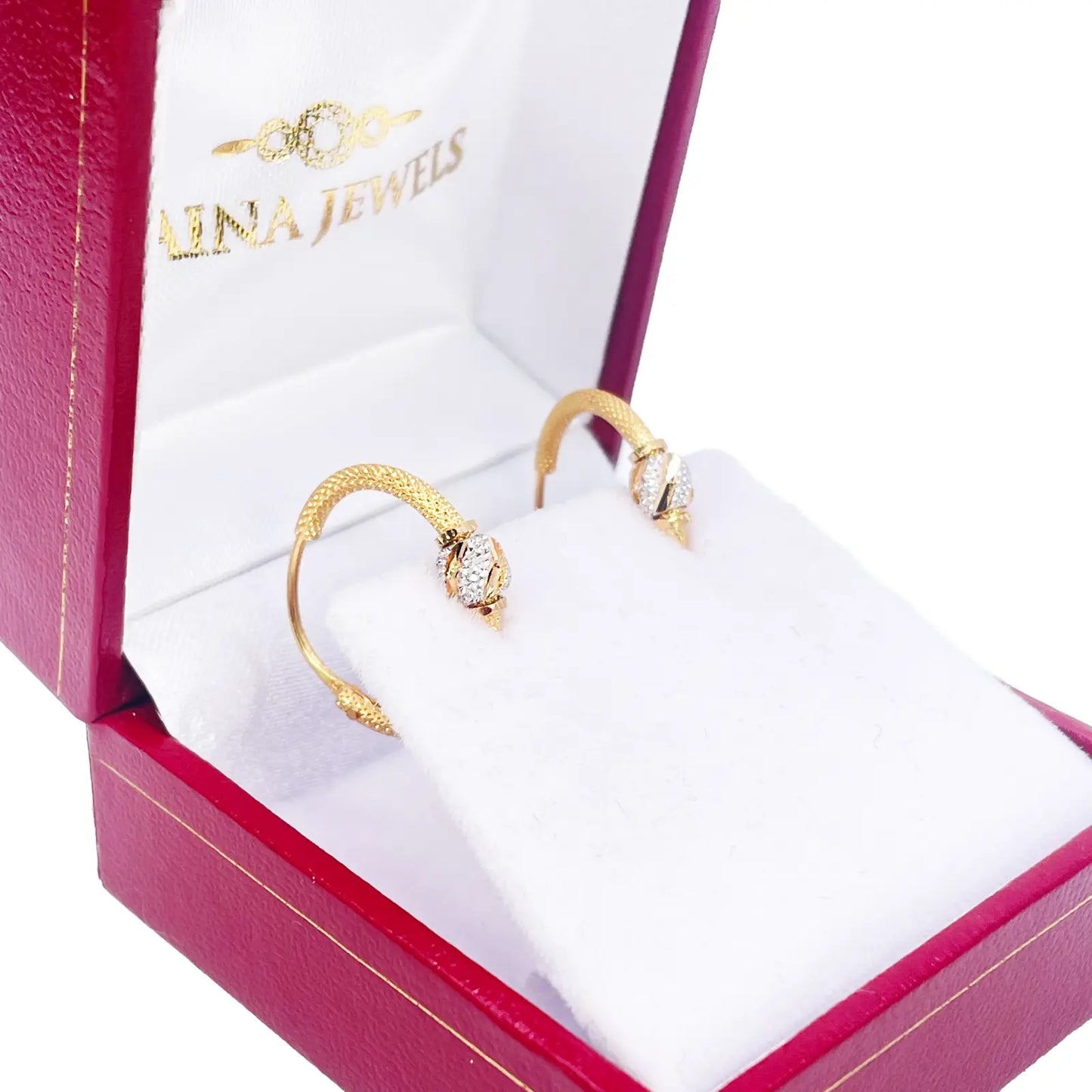 22ct Yellow Gold Textured Two-Tone Beaded Hoop Huggie Earrings 14mm Diameter 
