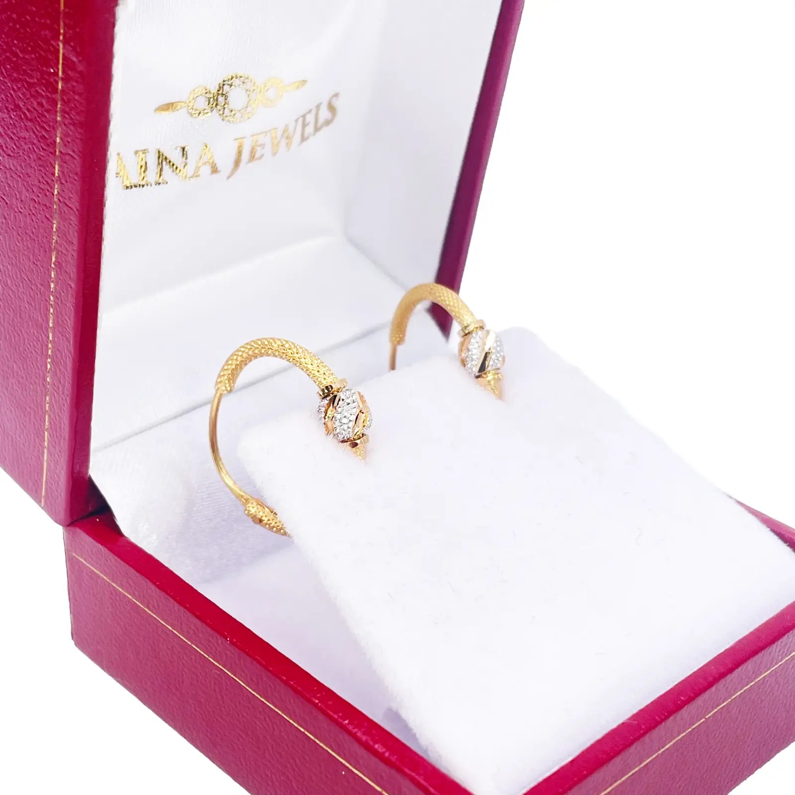 22ct Yellow Gold Textured Two-Tone Beaded Hoop Huggie Earrings 14mm Diameter 