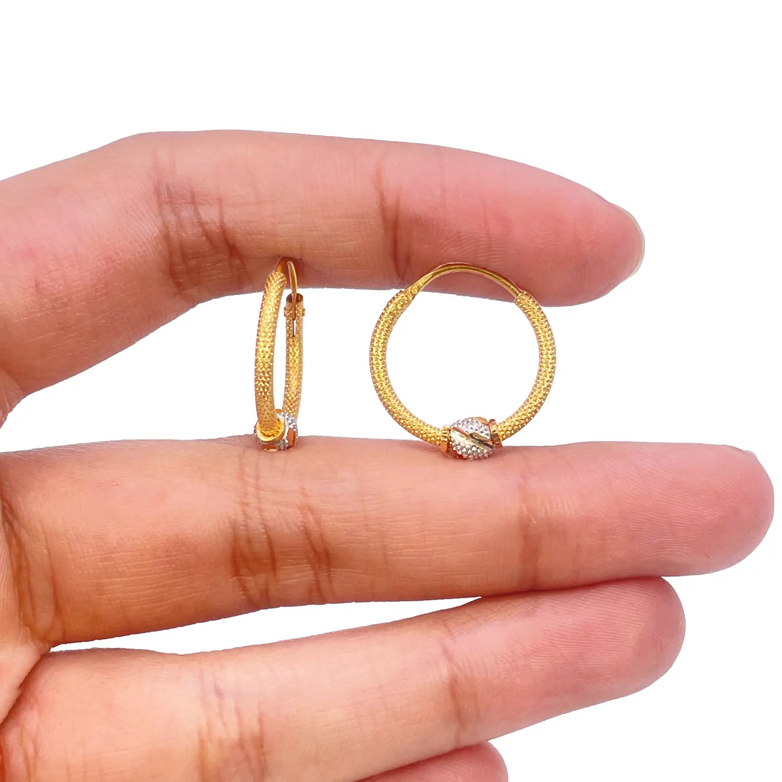 22ct Yellow Gold Textured Two-Tone Beaded Hoop Huggie Earrings 14mm Diameter 