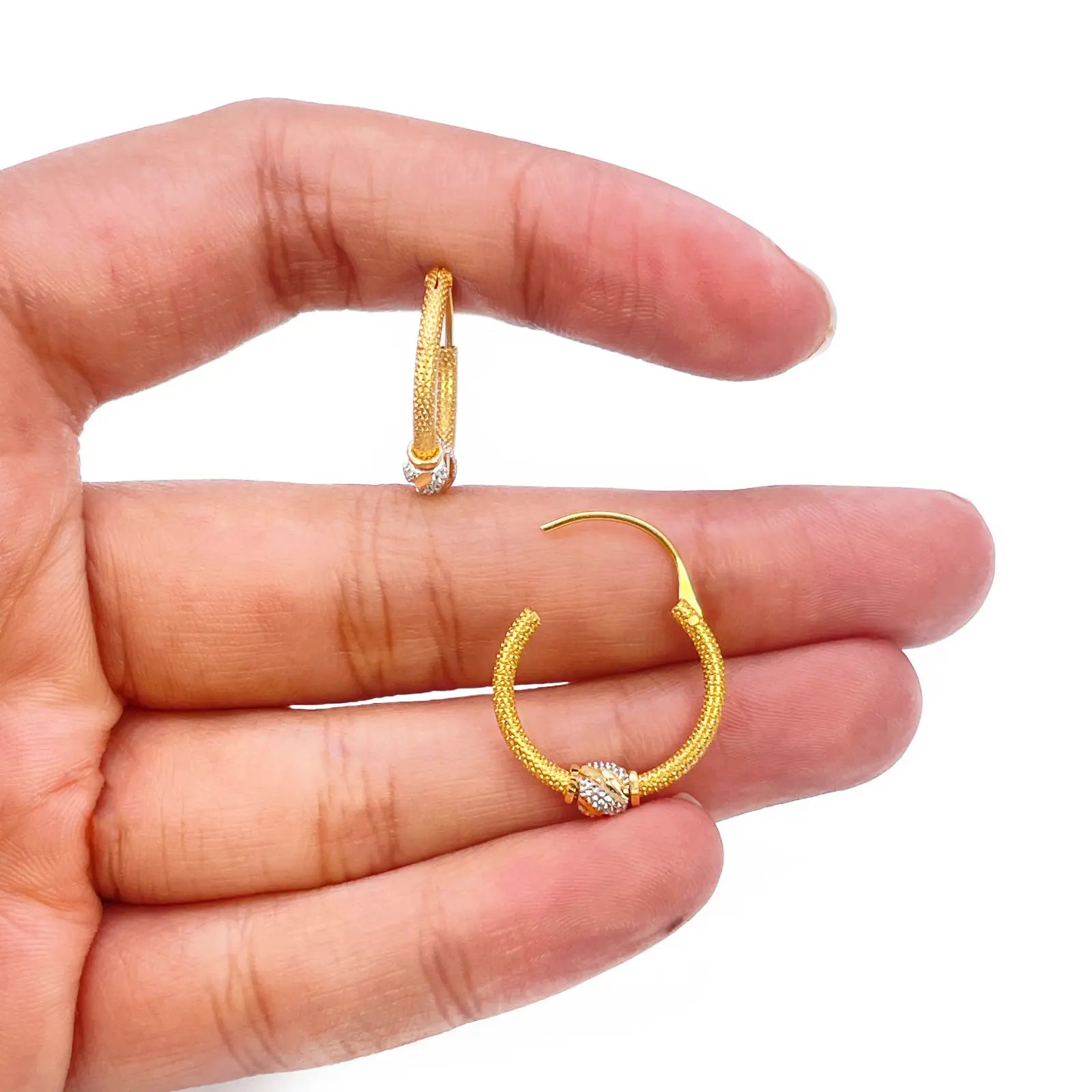 22ct Yellow Gold Textured Two-Tone Beaded Hoop Huggie Earrings 14mm Diameter 