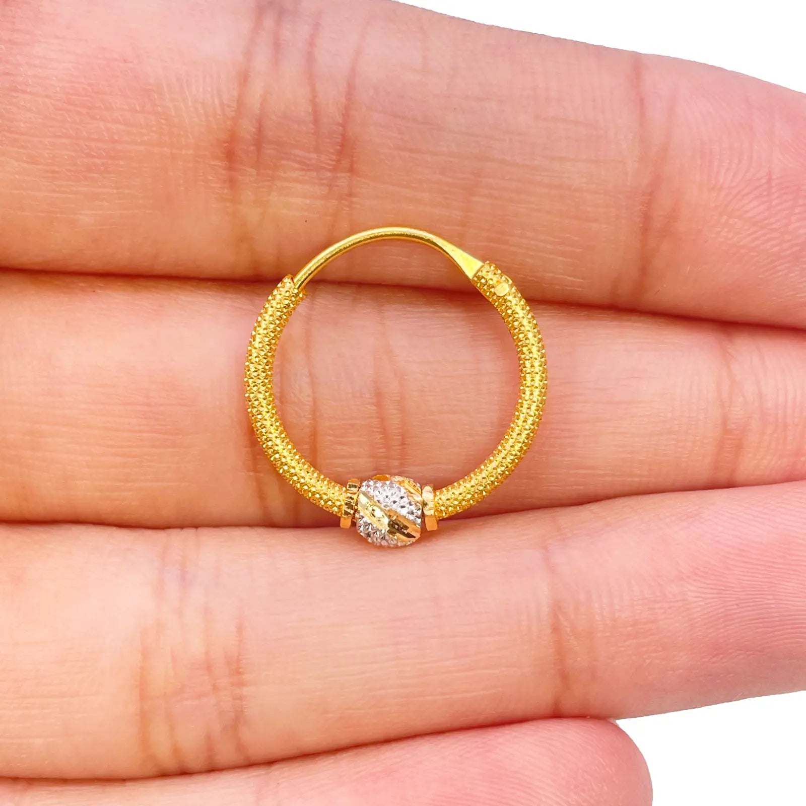22ct Yellow Gold Textured Two-Tone Beaded Hoop Huggie Earrings 14mm Diameter 