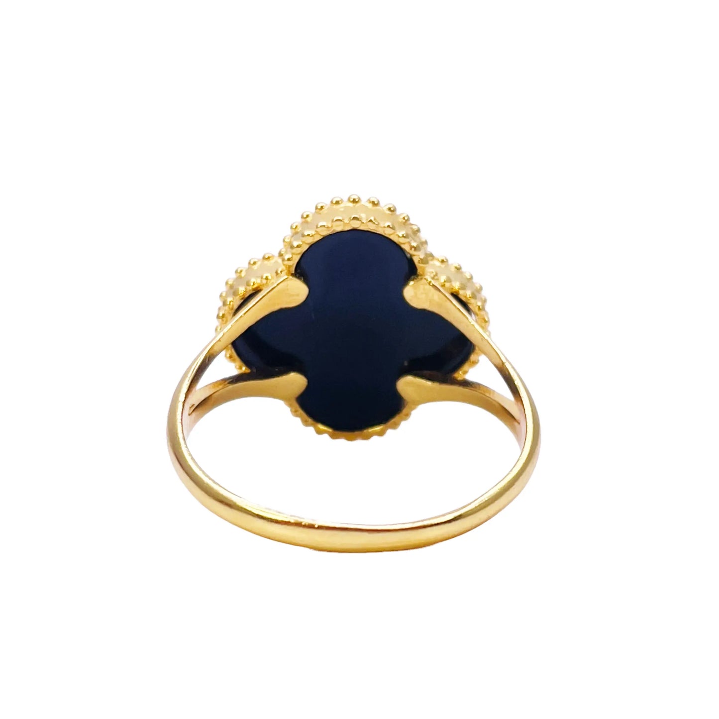 22ct Yellow Gold Trendy Black Onyx Leaf Split Shank Ring 