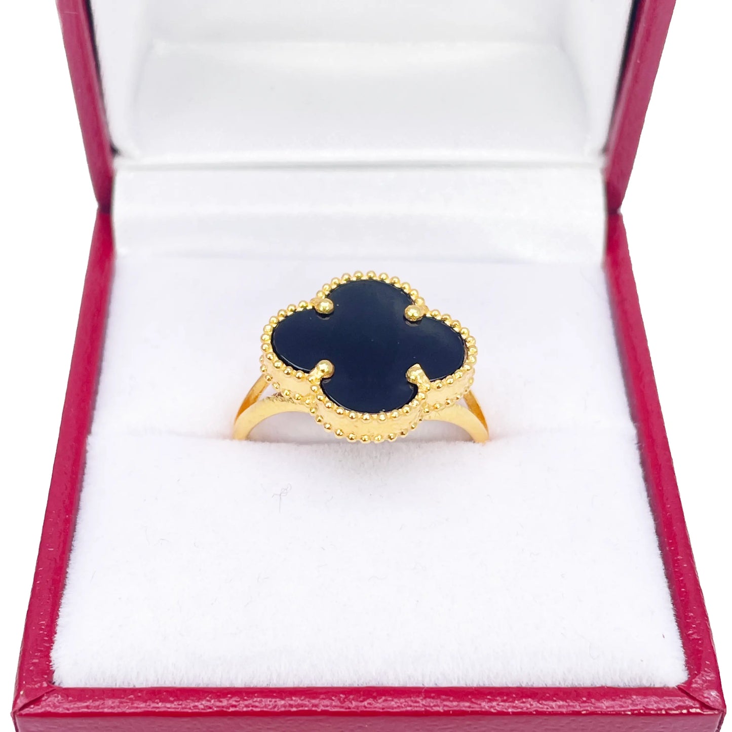 22ct Yellow Gold Trendy Black Onyx Leaf Split Shank Ring 