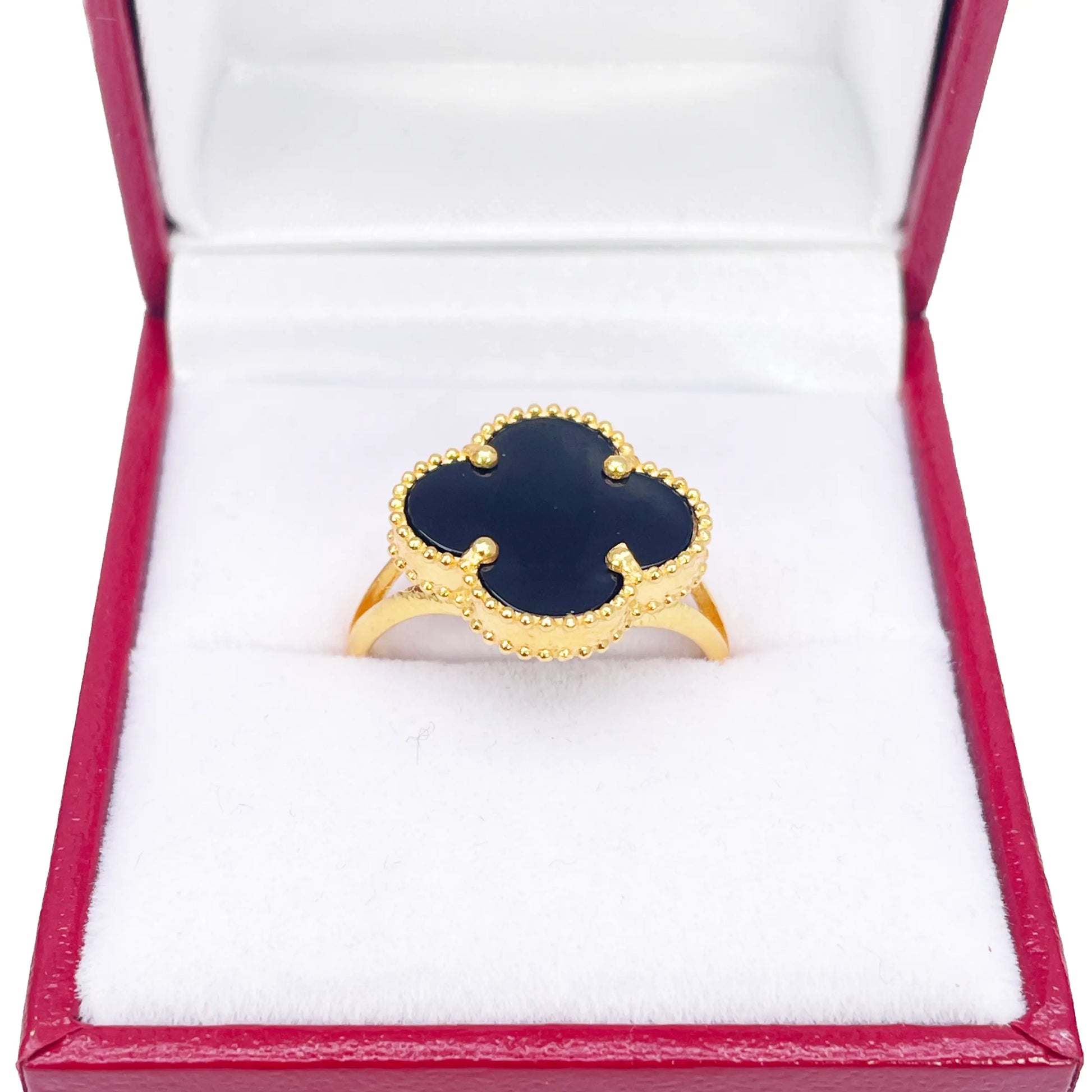 22ct Yellow Gold Trendy Black Onyx Leaf Split Shank Ring 