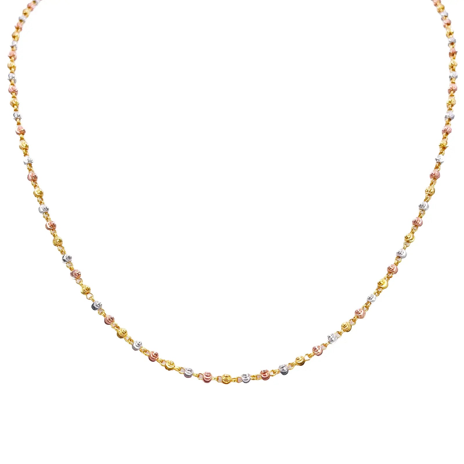 22ct Yellow Gold Tri-Colour Diamond Cut Ball Beaded Necklace 18 Inches 2.3 Width 