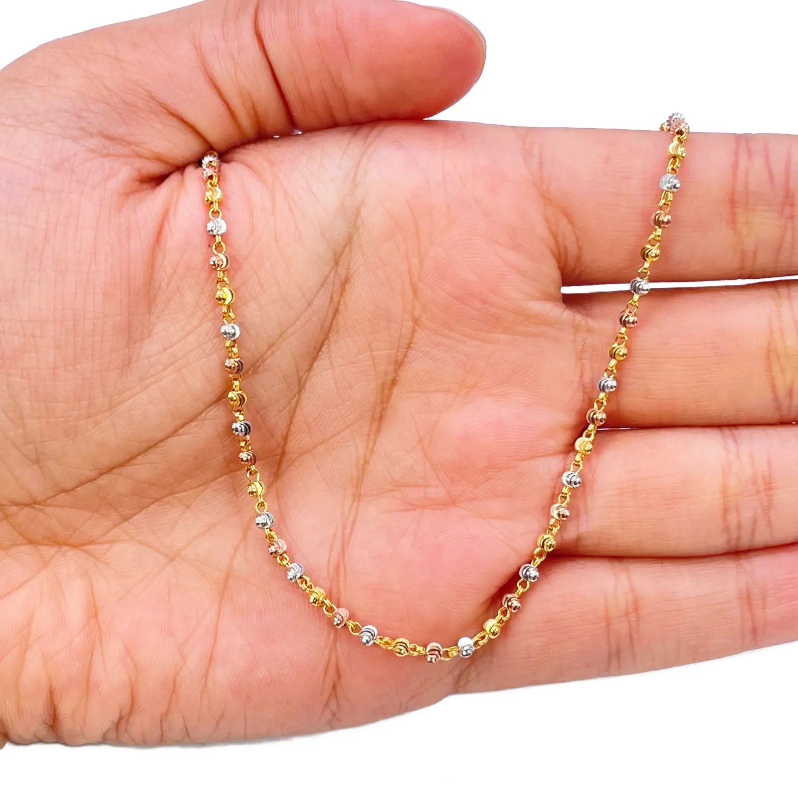 22ct Yellow Gold Tri-Colour Diamond Cut Ball Beaded Necklace 18 Inches 2.3 Width 