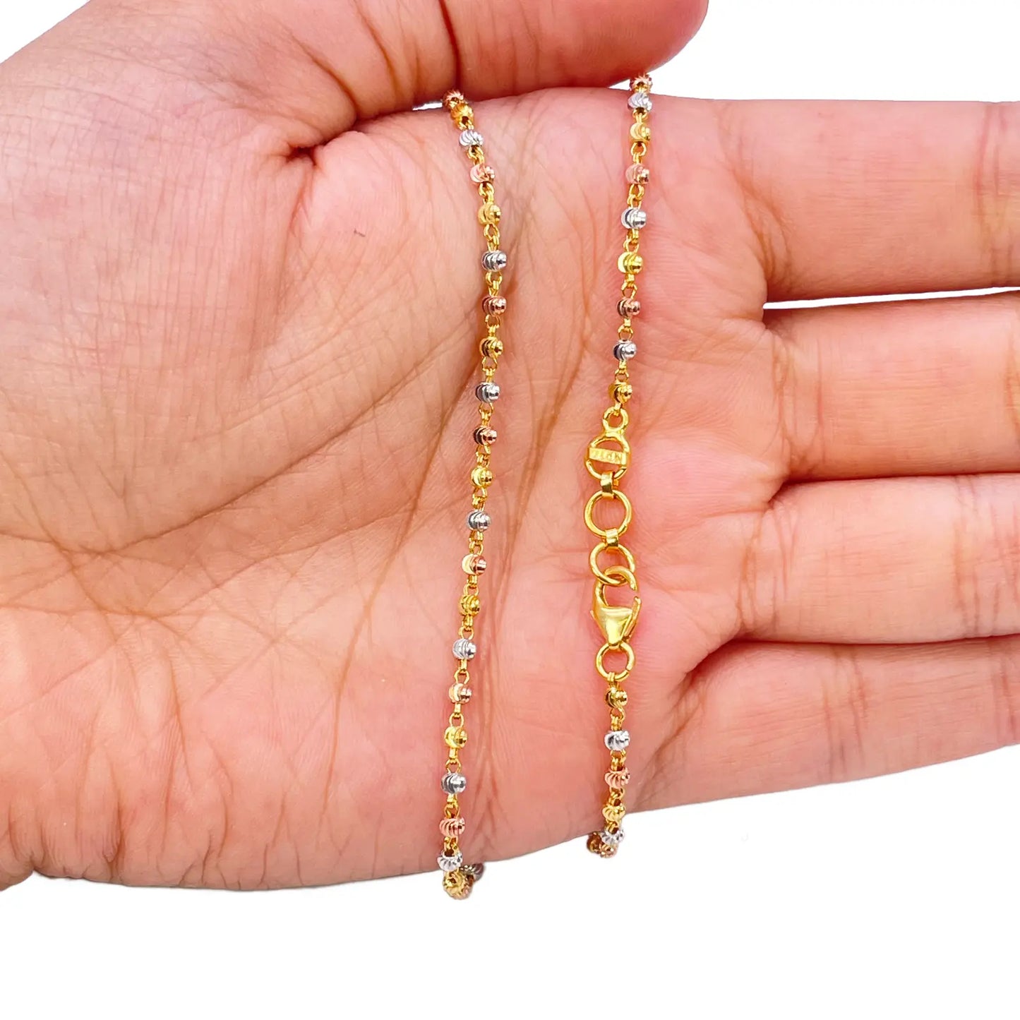 22ct Yellow Gold Tri-Colour Diamond Cut Ball Beaded Necklace 22 Inches 2.3 Width 