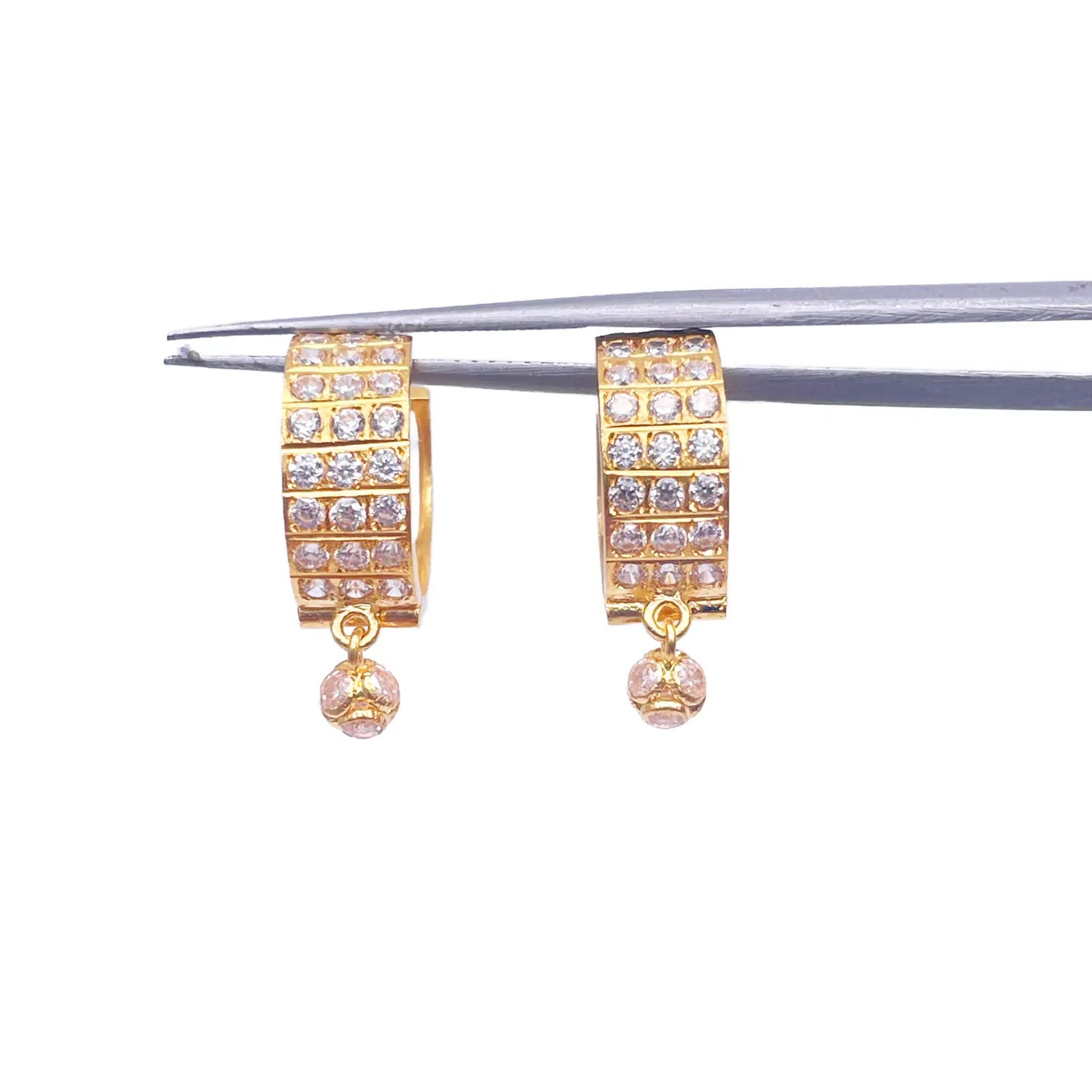 22ct Yellow Gold Triple Row Cubic Zirconia Drop Ball Hoop Huggies Earrings 