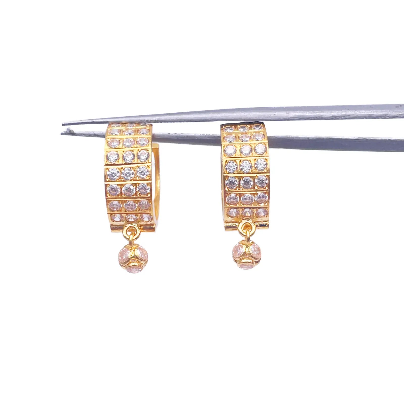 22ct Yellow Gold Triple Row Cubic Zirconia Drop Ball Hoop Huggies Earrings 