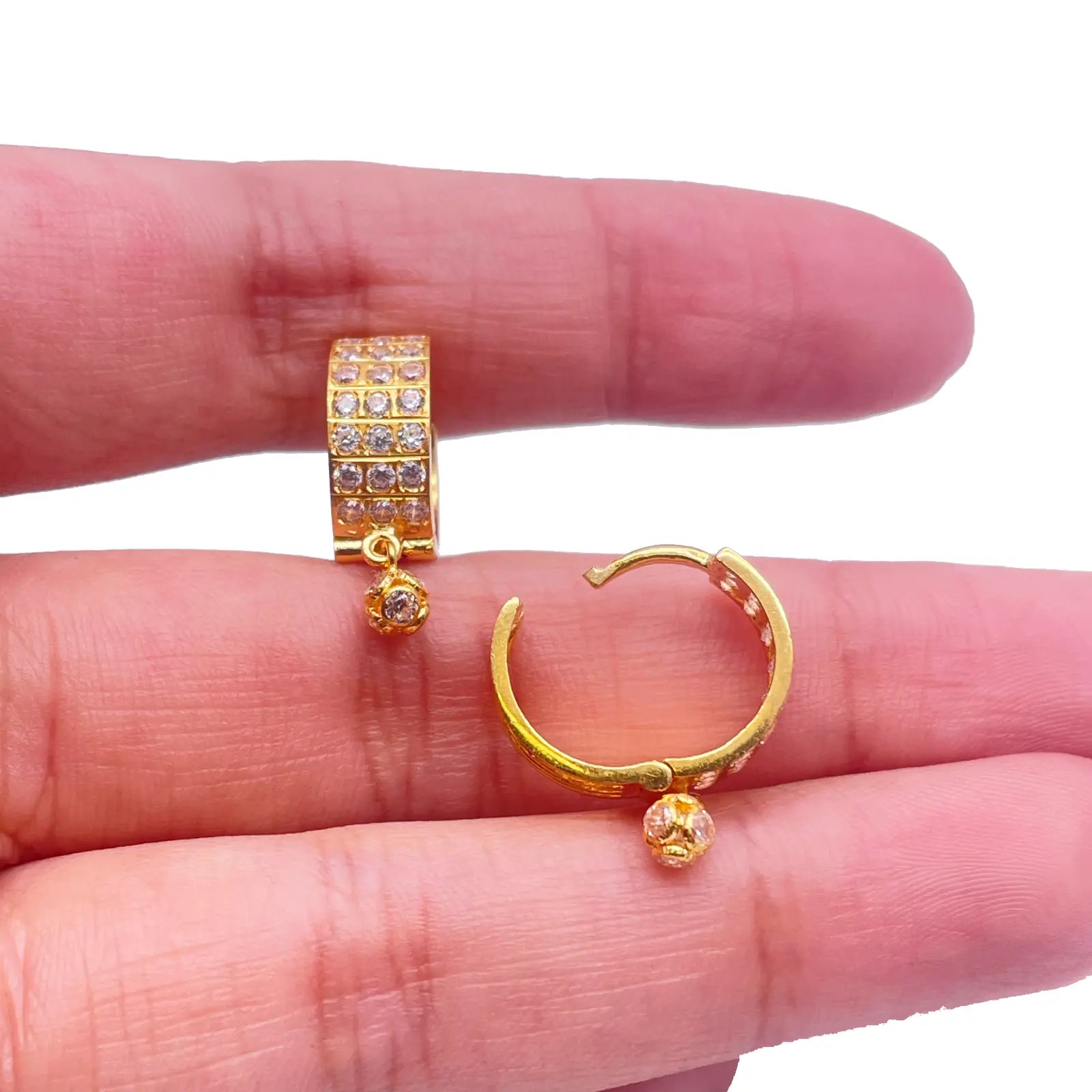 22ct Yellow Gold Triple Row Cubic Zirconia Drop Ball Hoop Huggies Earrings 