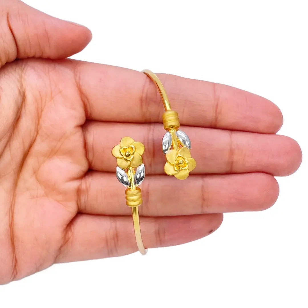 22ct Yellow Gold Two-Tone Ladies Flower Flexible Bangle Bracelet 