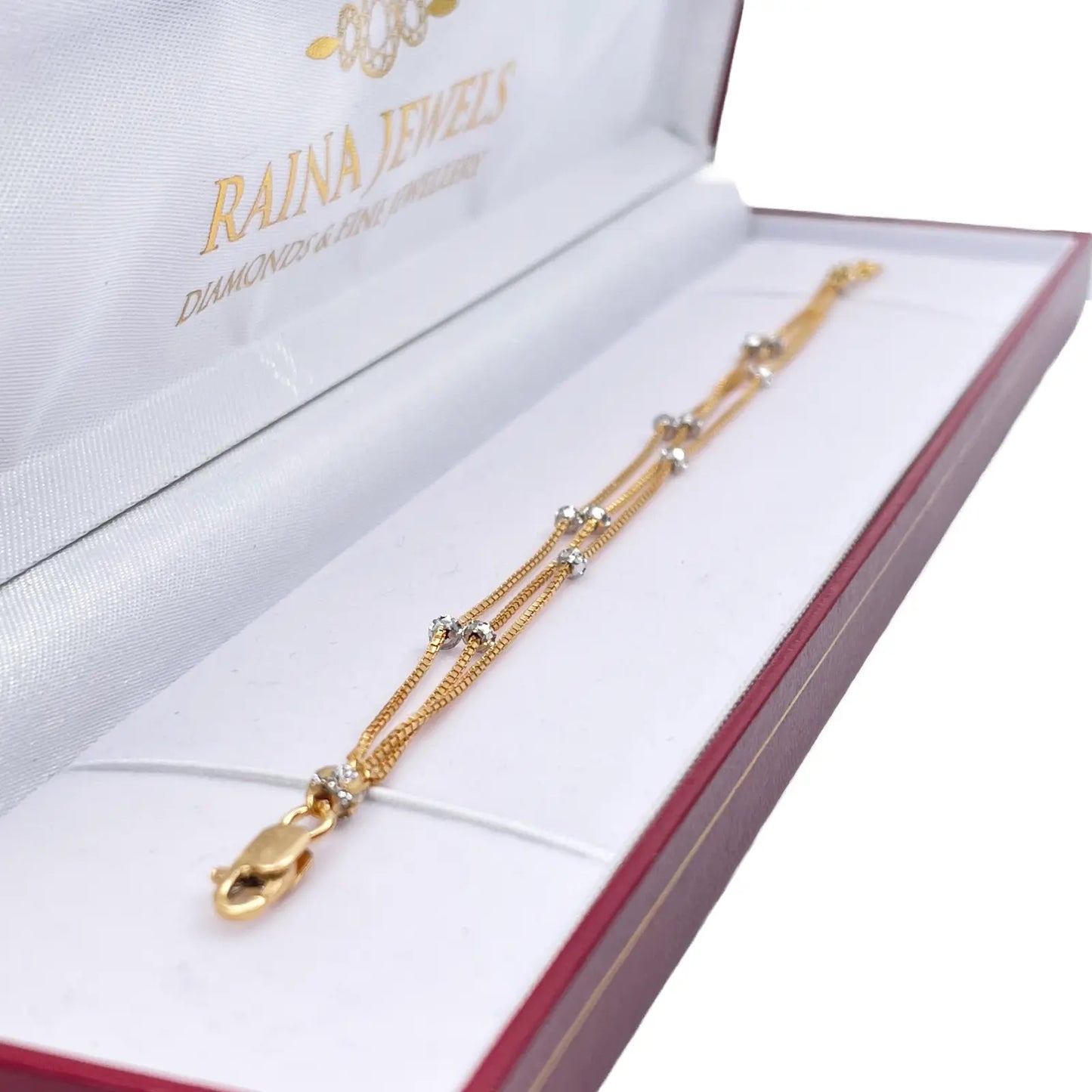 22ct Yellow Gold Two-Tone Triple Chain Layered With Diamond Cut Beads Bracelet 