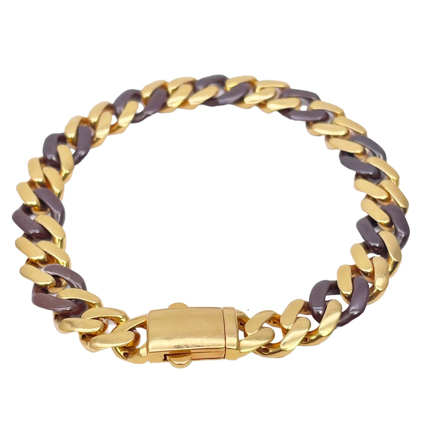 22ct Yellow Gold & Brown Lightweight Gents Two-Tone Cuban Link Curb Bracelet 7.6"inches 