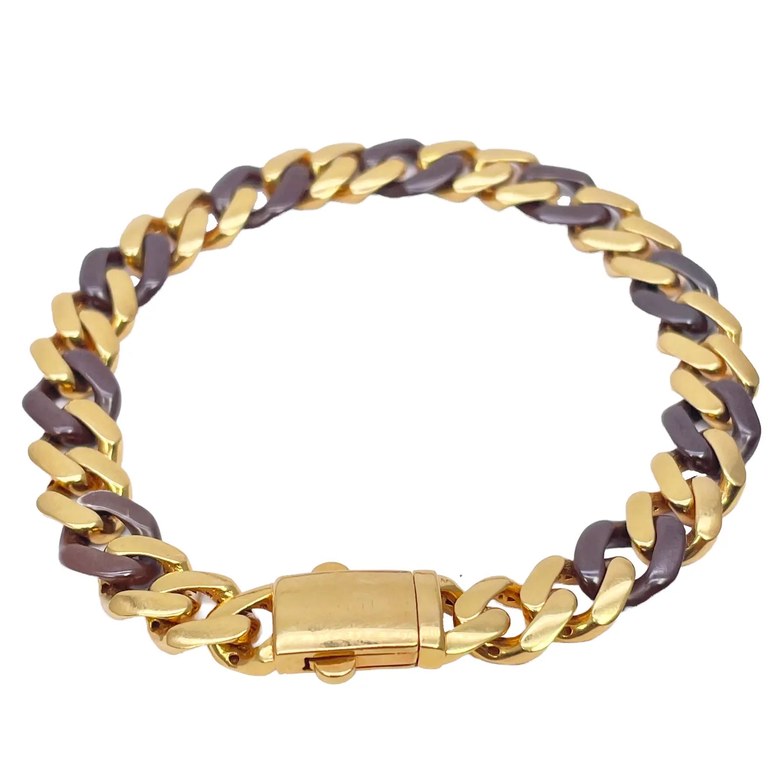 22ct Yellow Gold & Brown Lightweight Gents Two-Tone Cuban Link Curb Bracelet 7.6"inches 