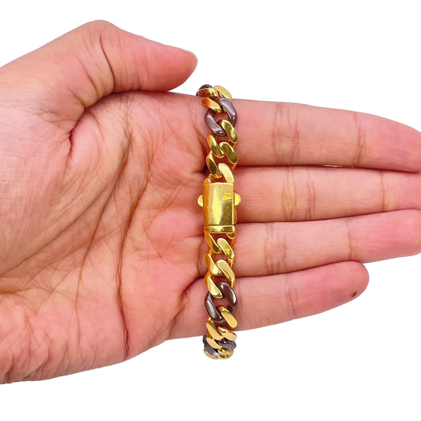 22ct Yellow Gold & Brown Lightweight Gents Two-Tone Cuban Link Curb Bracelet 7.6"inches 