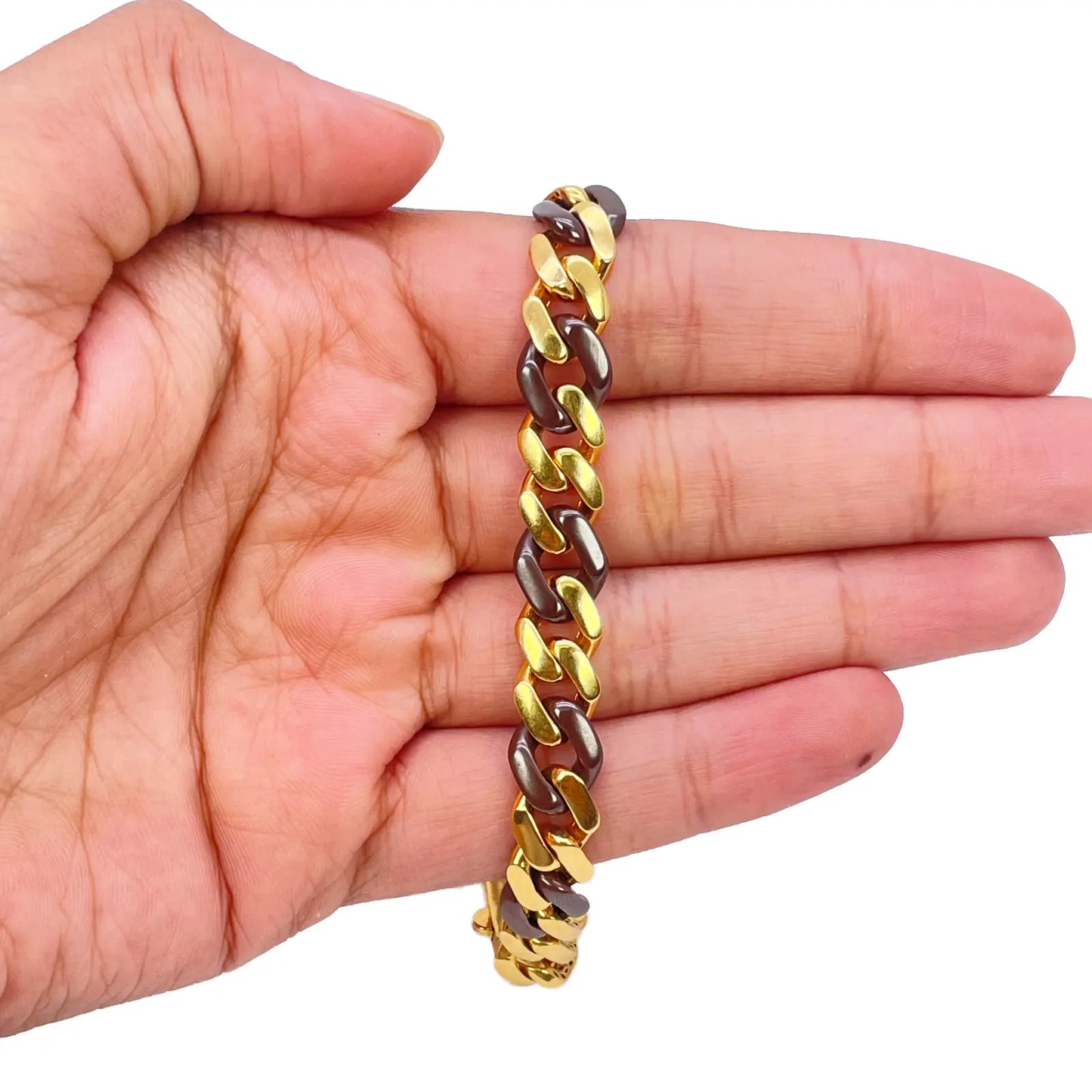 22ct Yellow Gold & Brown Lightweight Gents Two-Tone Cuban Link Curb Bracelet 7.6"inches 
