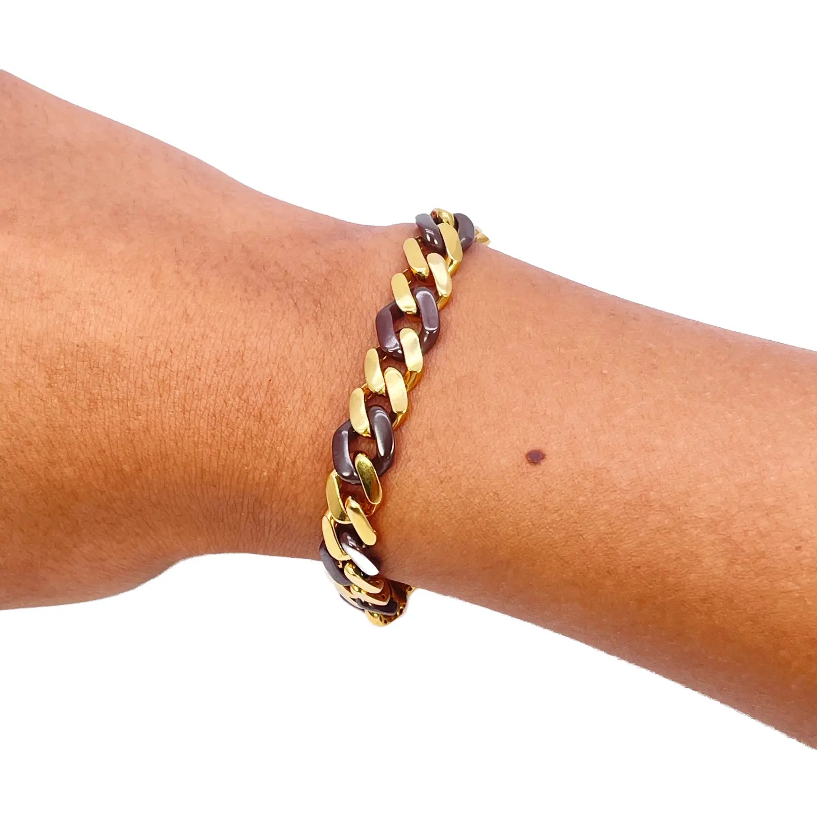 22ct Yellow Gold & Brown Lightweight Gents Two-Tone Cuban Link Curb Bracelet 7.6"inches 