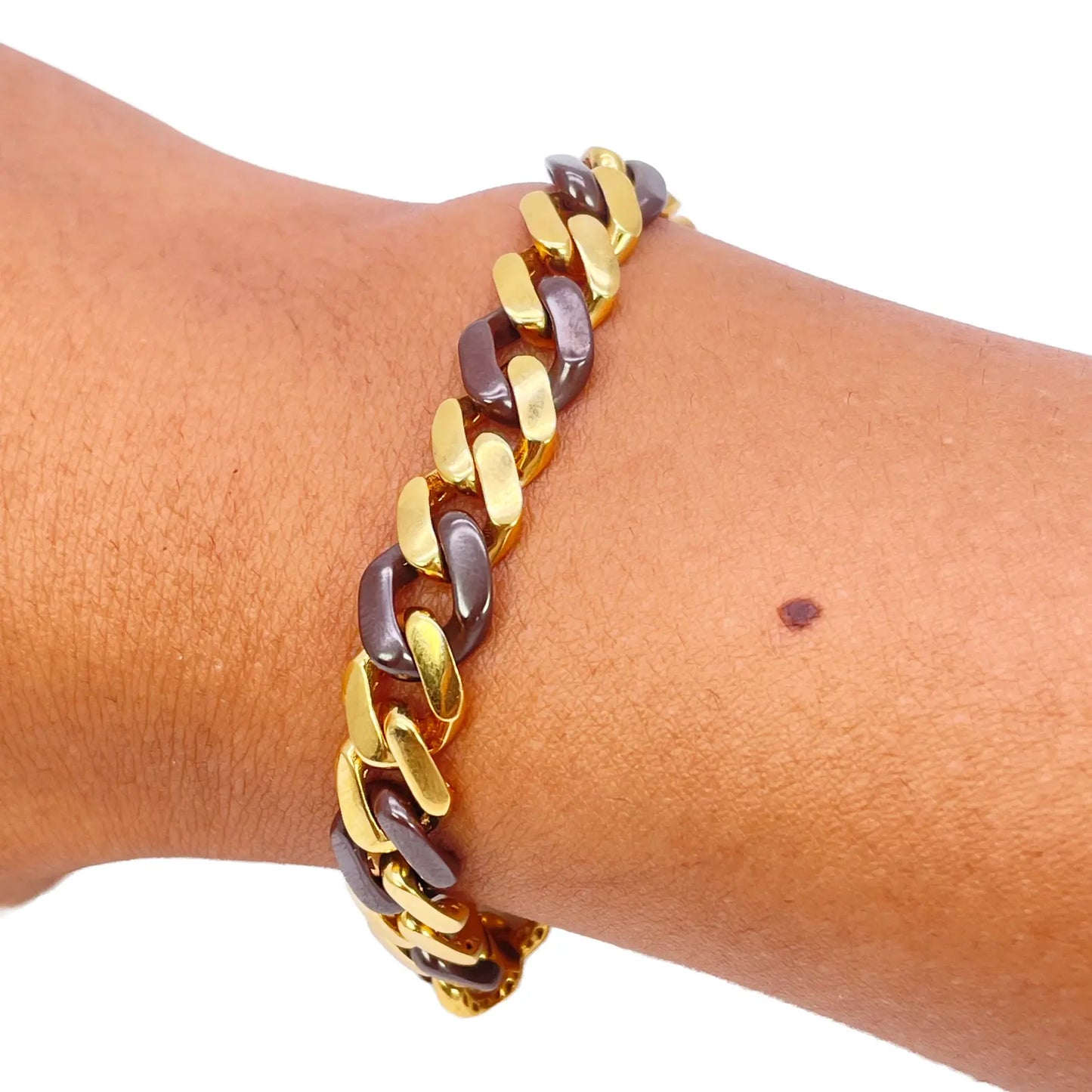 22ct Yellow Gold & Brown Lightweight Gents Two-Tone Cuban Link Curb Bracelet 7.6"inches 