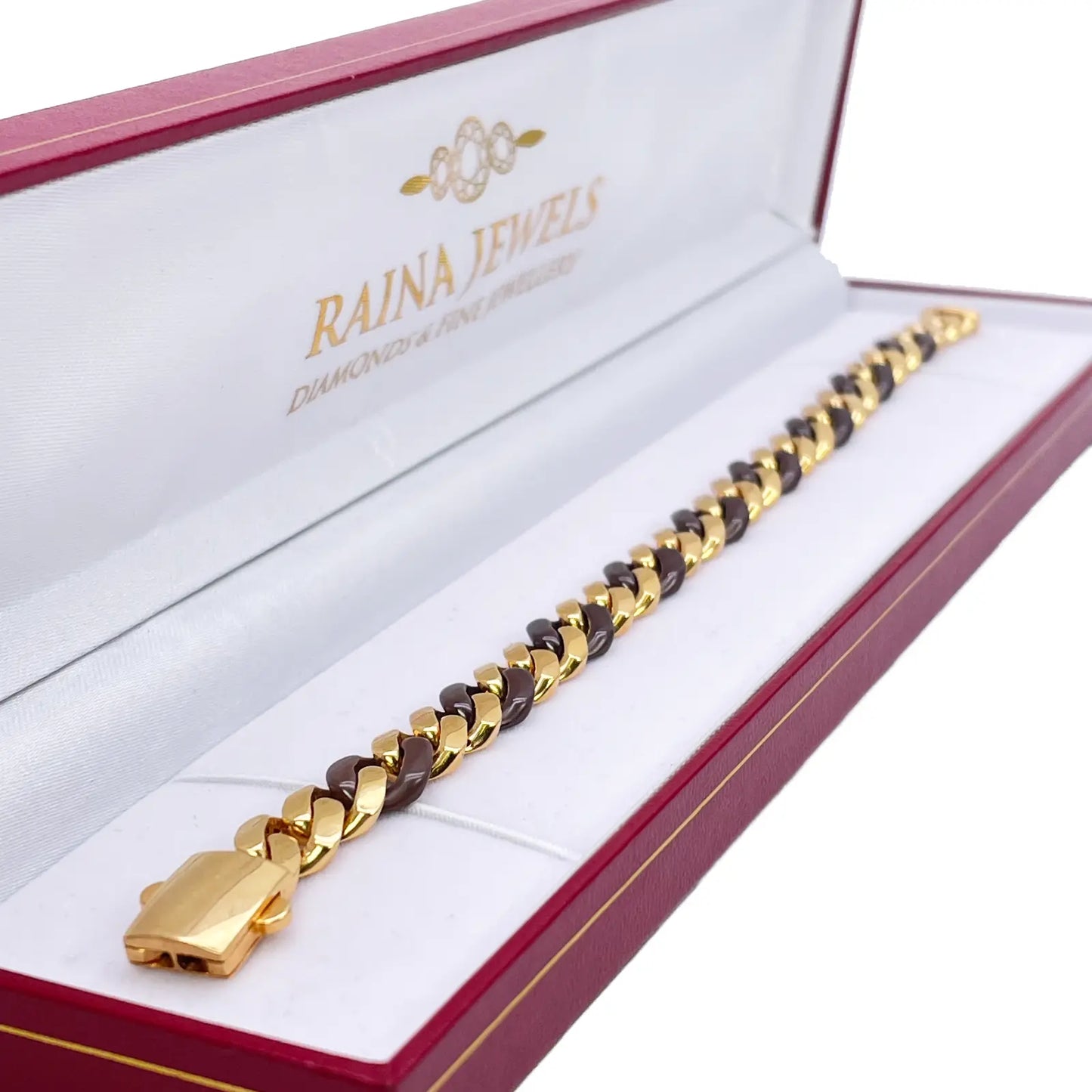 22ct Yellow Gold & Brown Lightweight Gents Two-Tone Cuban Link Curb Bracelet 7.6"inches 