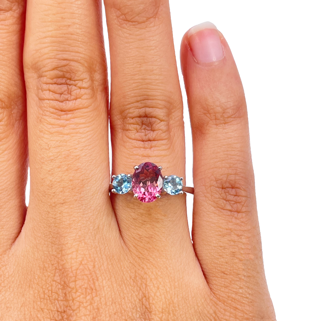 18ct White Gold Pink Tourmaline & Aquamarine Trilogy Ring 1.60ct