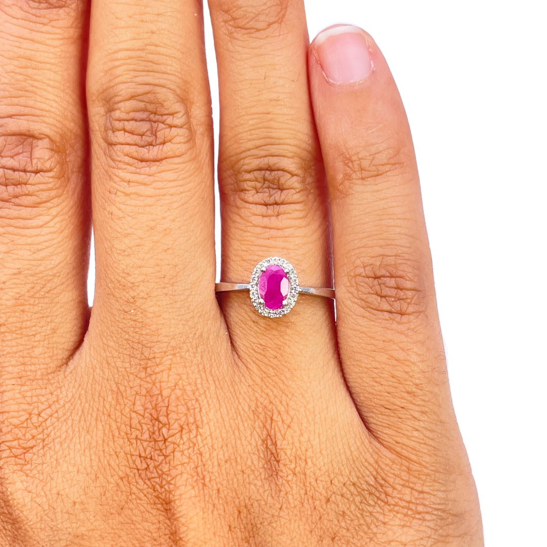 9ct White Gold Ruby & Diamond Oval Halo Cluster Ring 0.62ct