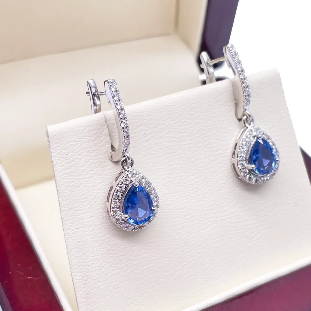 18ct White Gold Diamond & Blue Sapphire Pear Halo Teardrop Hoop Earrings 1.89ct¬† Diamond Earrings