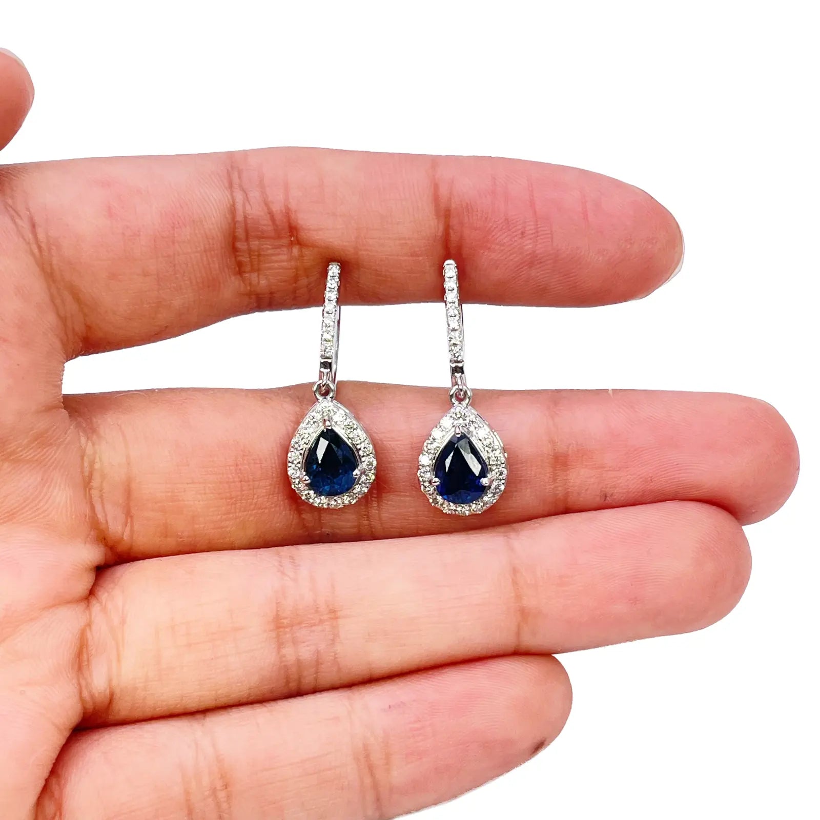 18ct White Gold Diamond & Blue Sapphire Pear Halo Teardrop Hoop Earrings 1.89ct¬† Diamond Earrings