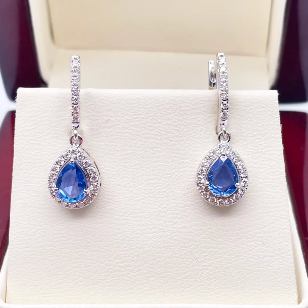 18ct White Gold Diamond & Blue Sapphire Pear Halo Teardrop Hoop Earrings 1.89ct¬† Diamond Earrings