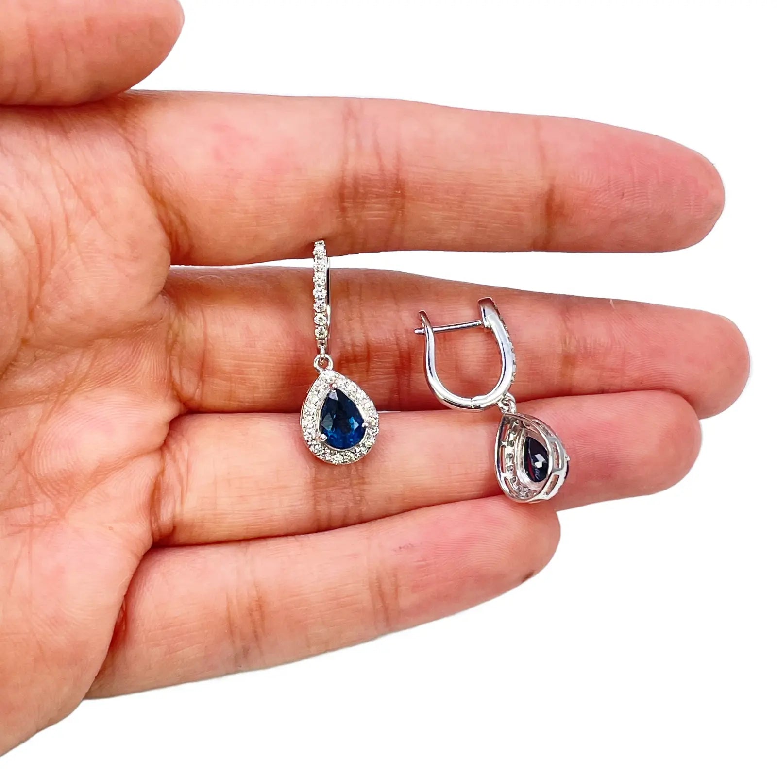 18ct White Gold Diamond & Blue Sapphire Pear Halo Teardrop Hoop Earrings 1.89ct¬† Diamond Earrings