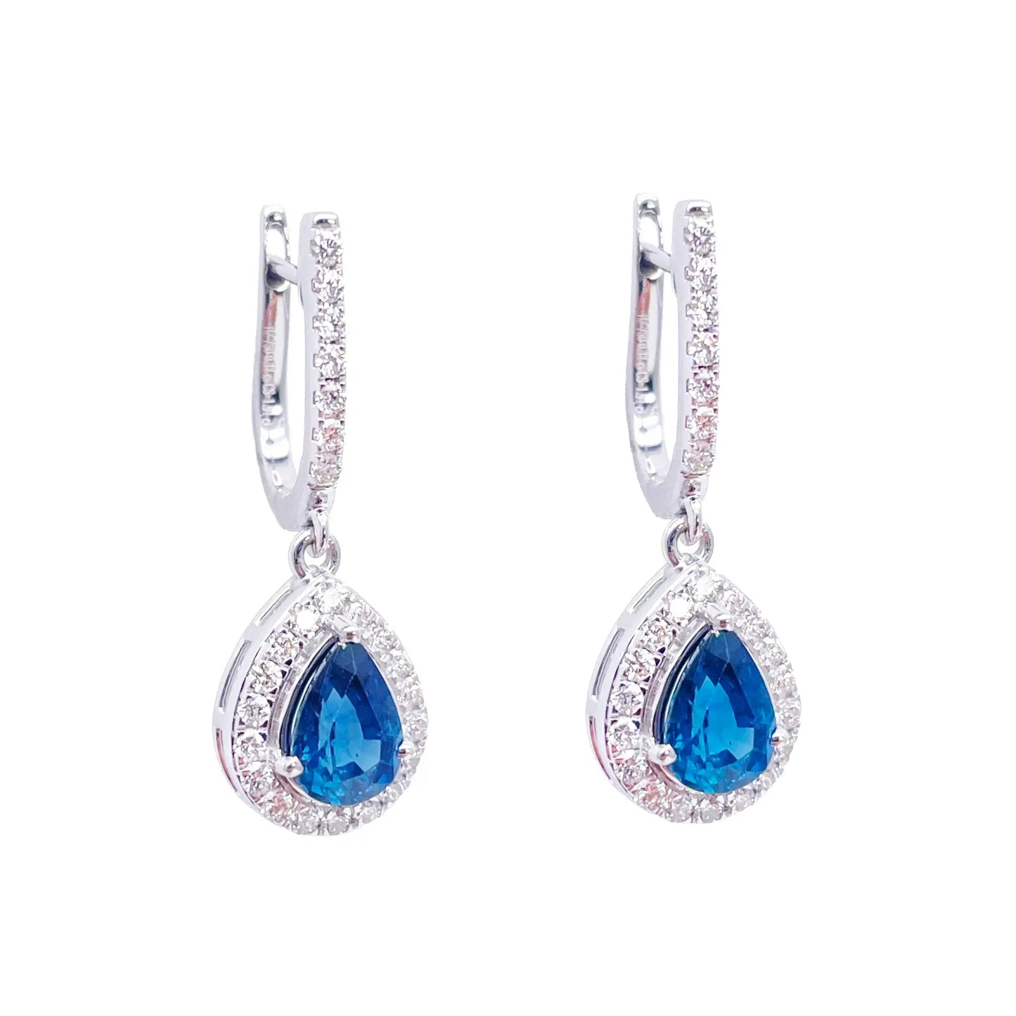 18ct White Gold Diamond & Blue Sapphire Pear Halo Teardrop Hoop Earrings 1.89ct¬† Diamond Earrings