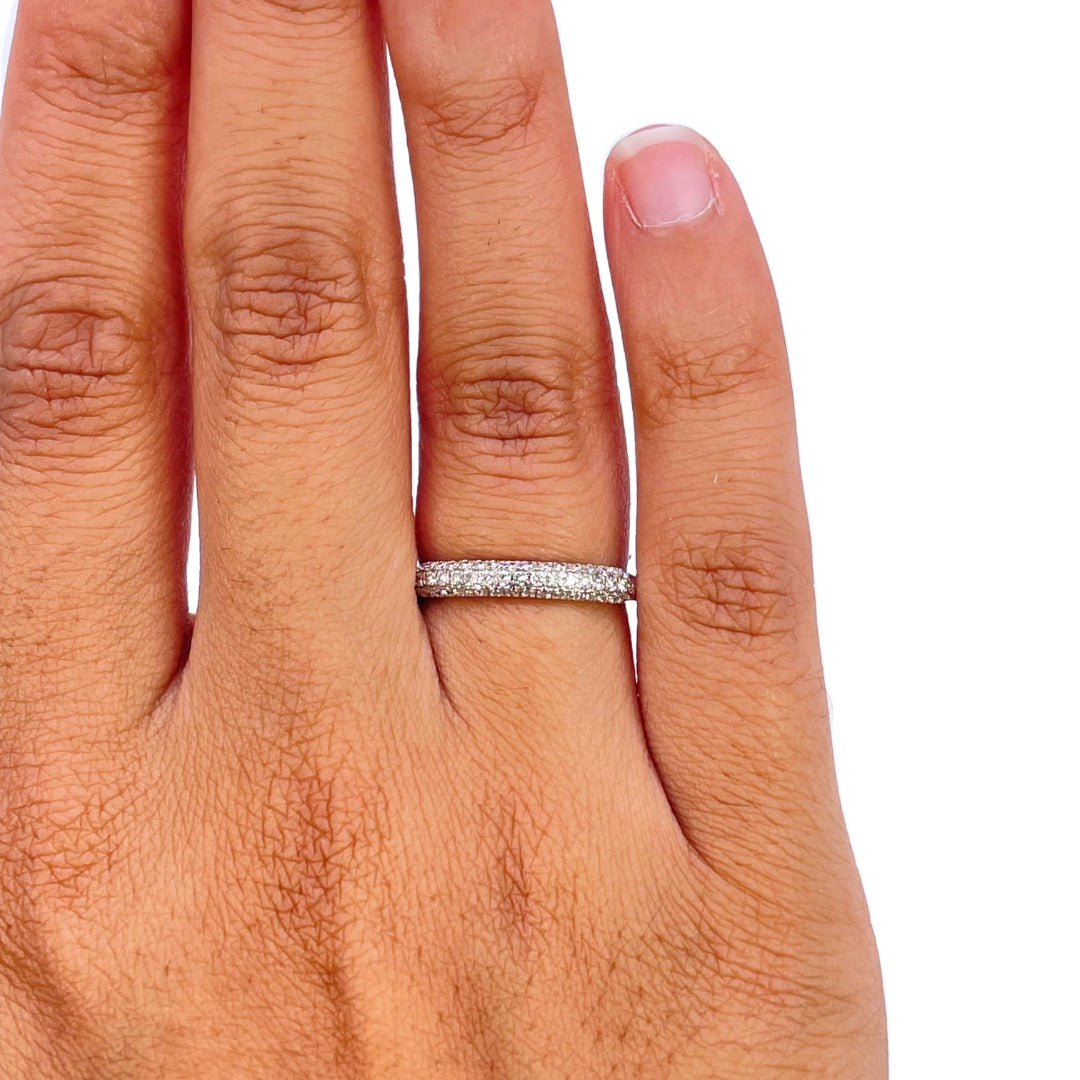 Bague Dôme 3 rangs de Diamants Pavés Or Blanc 14 carats 0.34 carat