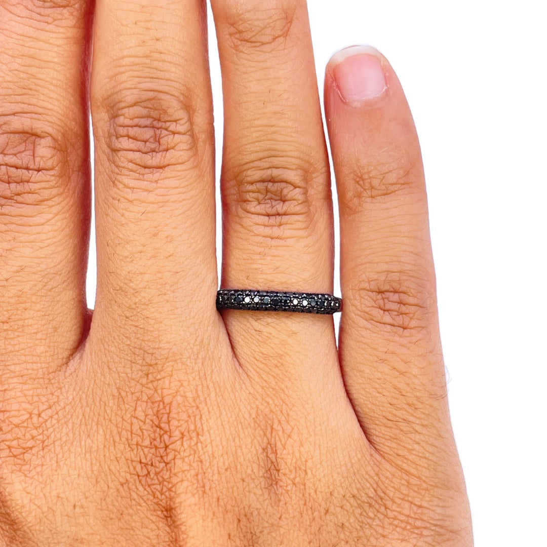 14ct White Gold Black Diamond Dome Pave Ring 3 Row 0.37ct