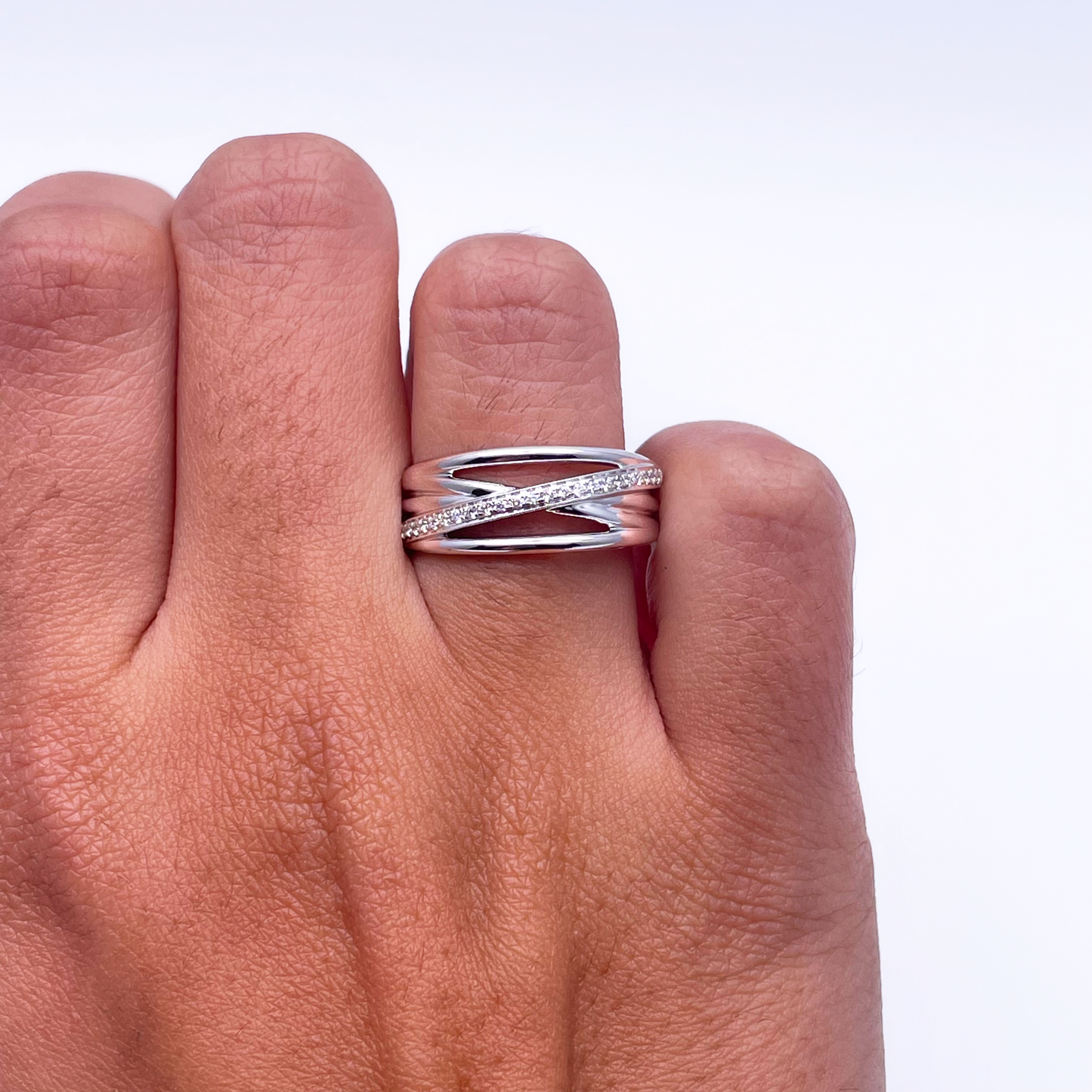 Bague Demi-Alliance Croisée Polie Diamants en Or Blanc 18 carats 0,12 carat