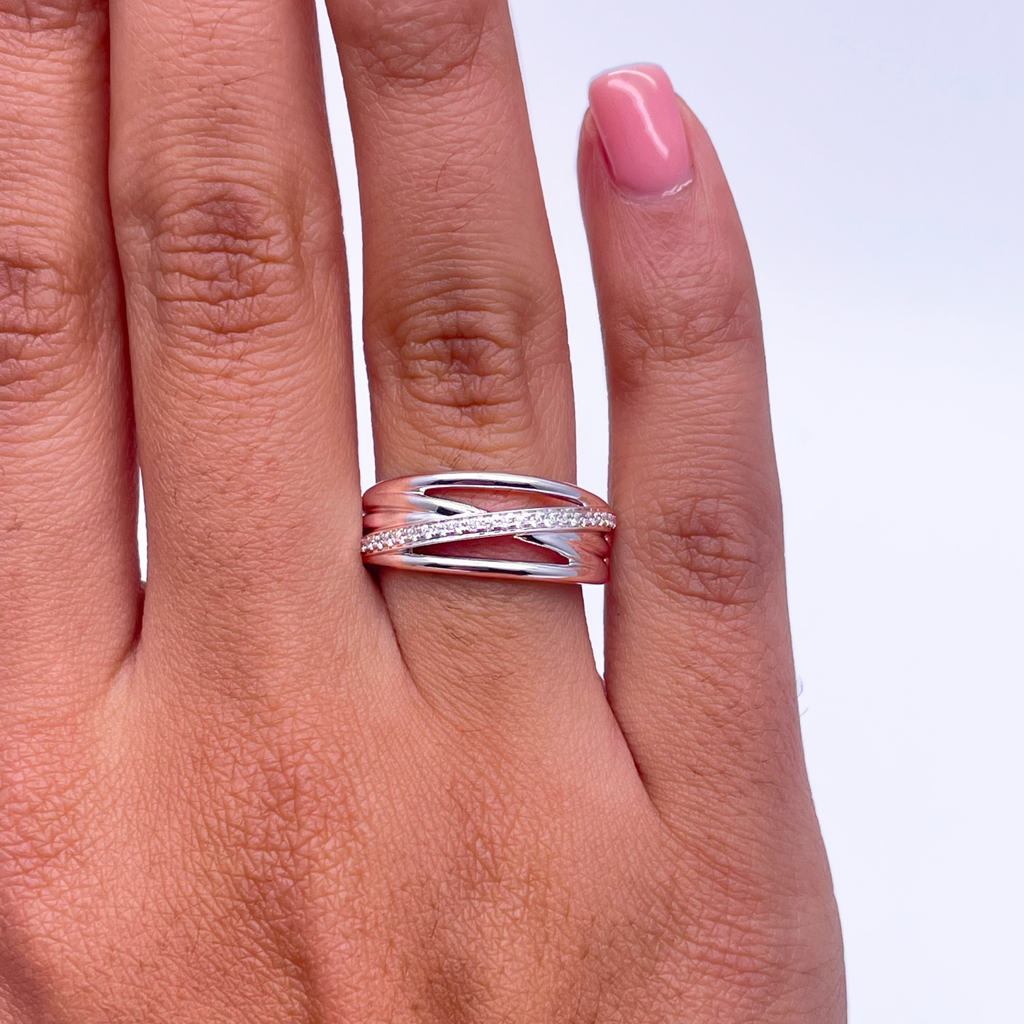 Bague Demi-Alliance Croisée Polie Diamants en Or Blanc 18 carats 0,12 carat