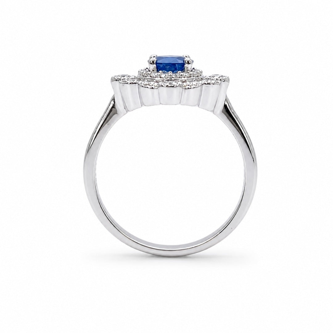 14ct White Gold Natural Sapphire & Diamond Vintage-Style Halo Ring 0.82ct