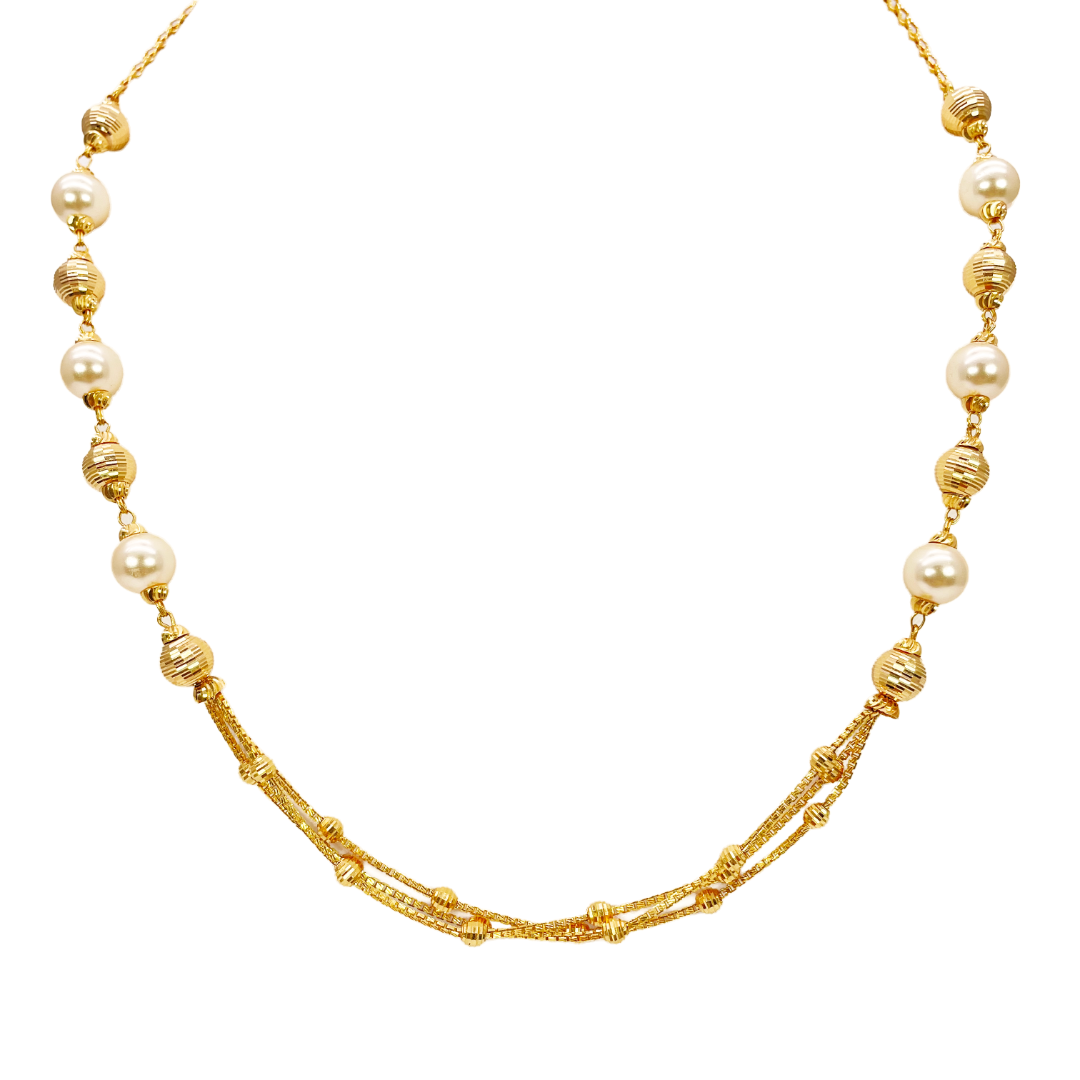 Parure Collier/Boucles d'oreilles superposés, en Or jaune 22 carats, avec perles et billes diamantées