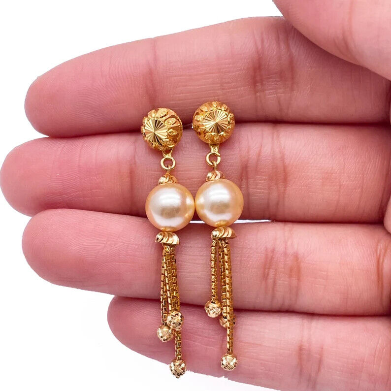 Parure Collier/Boucles d'oreilles superposés, en Or jaune 22 carats, avec perles et billes diamantées
