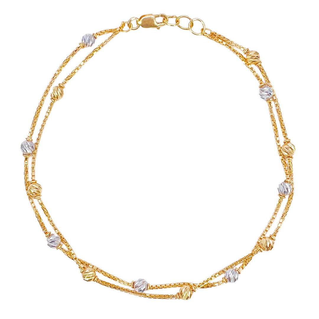 Bracelet en or jaune 22 carats à double chaîne avec perles bicolores taillées en diamant