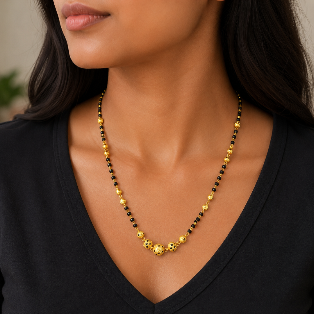 Collier mangalsutra en or jaune 22 carats avec perles taillées au diamant, 18,5 pouces