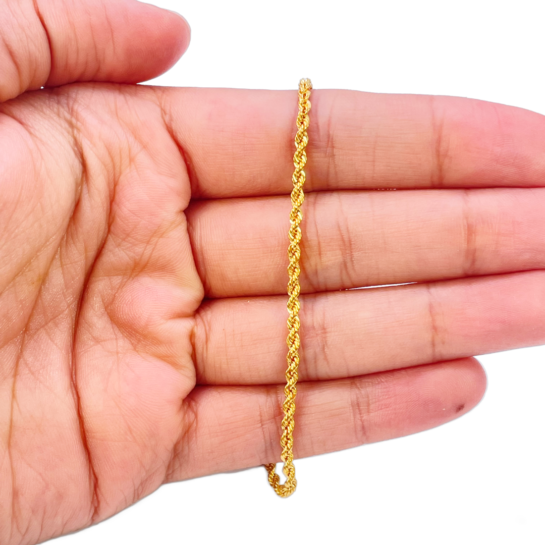 Bracelet Chaîne Corde en Or 22 carats Léger 7 pouces 2,2 mm