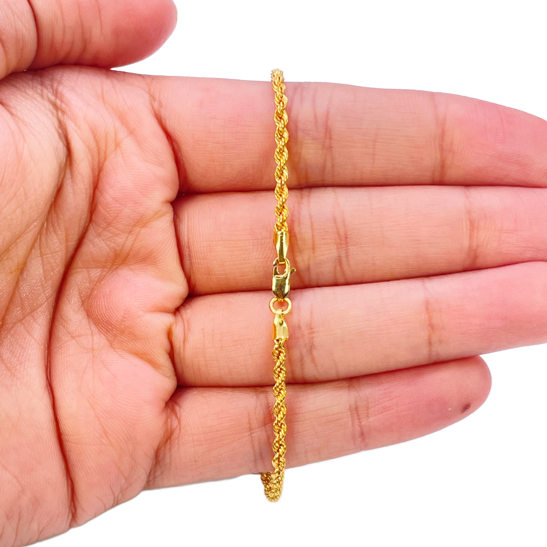 Bracelet Chaîne Corde en Or 22 carats Léger 7 pouces 2,2 mm