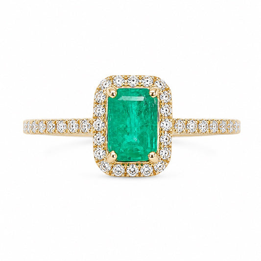 Bague 14 carats en or jaune, émeraude naturelle 4 griffes et diamants ronds 1,22 carat