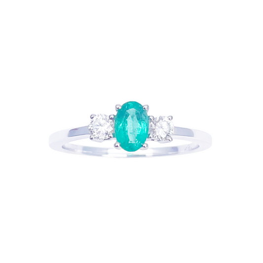 Bague en or 18 carats, émeraude et diamants, taille ronde et ovale naturelle, trois pierres 0,60 ct