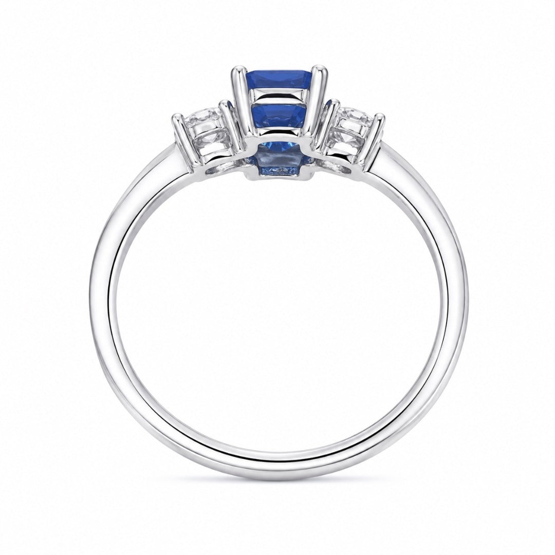 Bague en or 18 carats avec saphir et diamants ronds et taille émeraude, trois pierres 1,47 ct