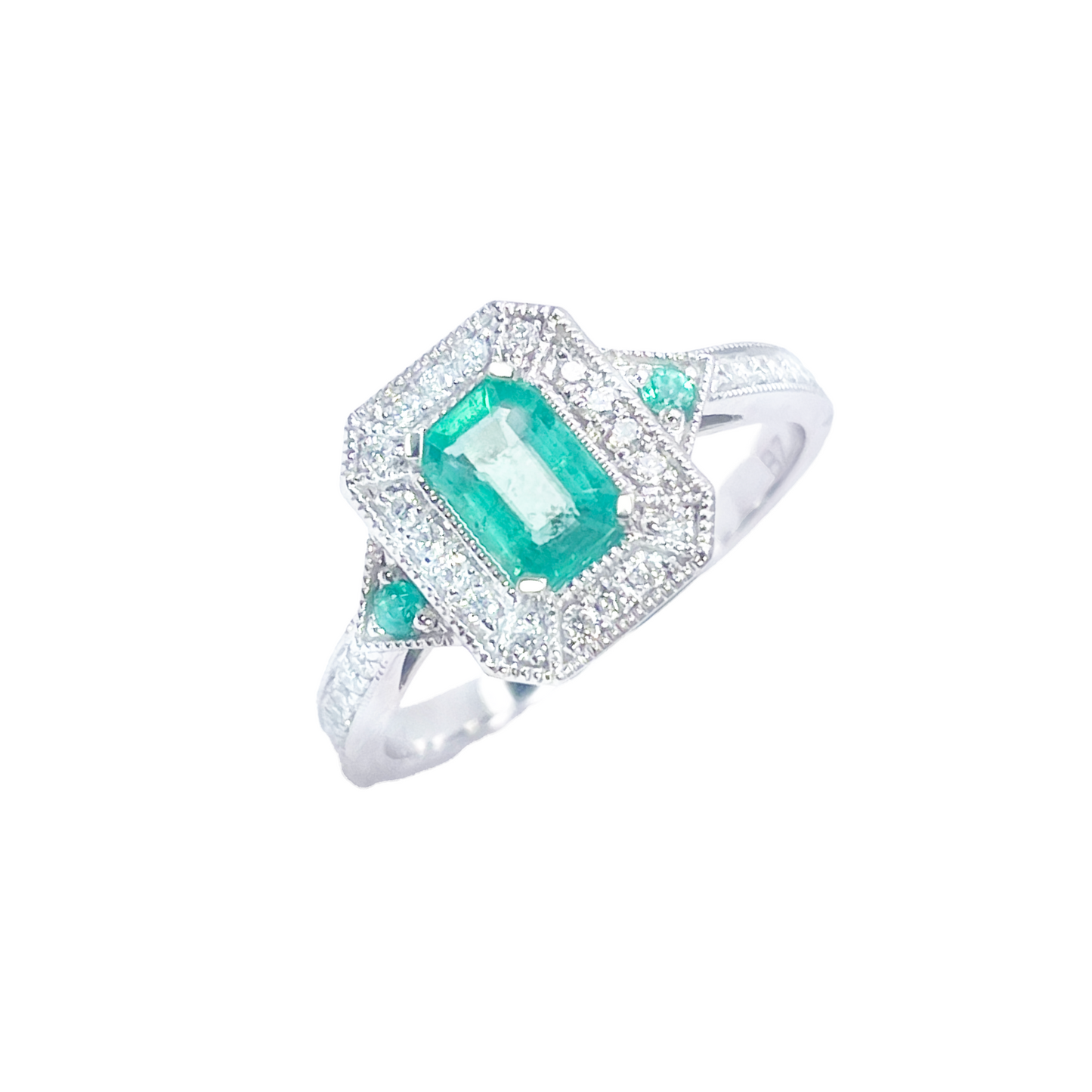 Bague en or 18 carats avec émeraudes naturelles et diamants taille ronde et émeraude 0,80 ct