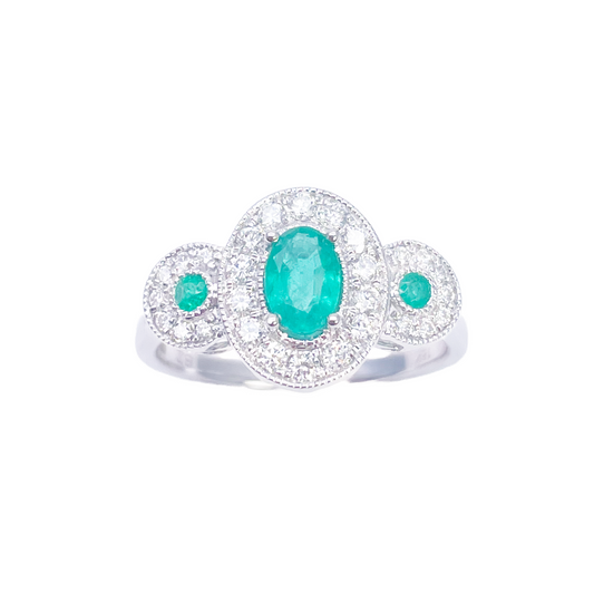 Bague en or 18 carats avec émeraude naturelle et diamants taille ronde et ovale 0,80 ct