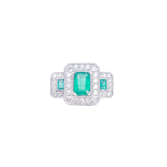 Bague en or 18 carats avec halo de diamants naturels émeraude, taille ronde et émeraude 0,95 ct