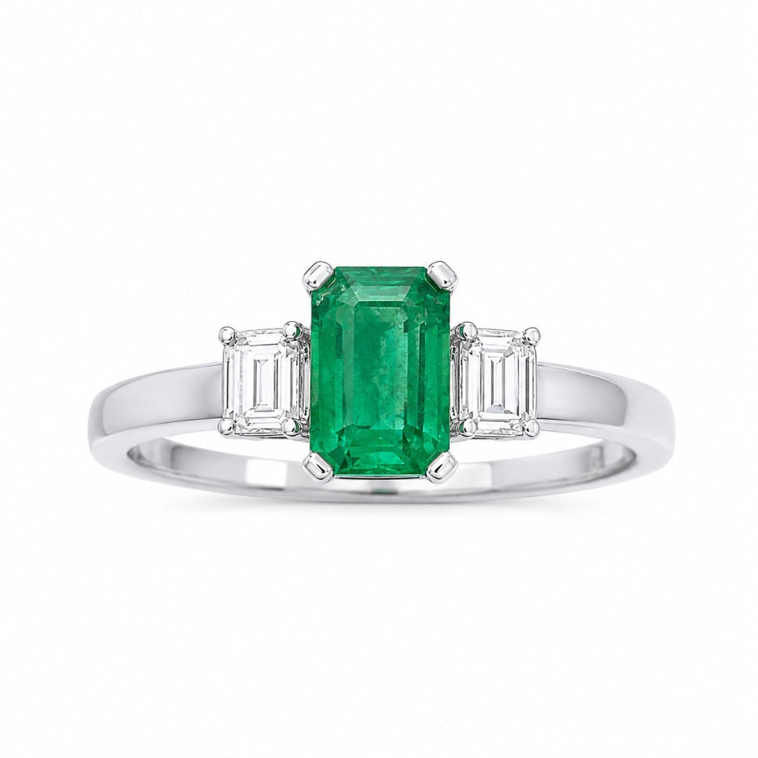 Bague en or 18 carats avec diamants et émeraudes, taille baguette et taille émeraude naturelle 0,75 carat