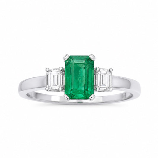 Bague en or 18 carats avec diamants et émeraudes, taille baguette et taille émeraude naturelle 0,75 carat