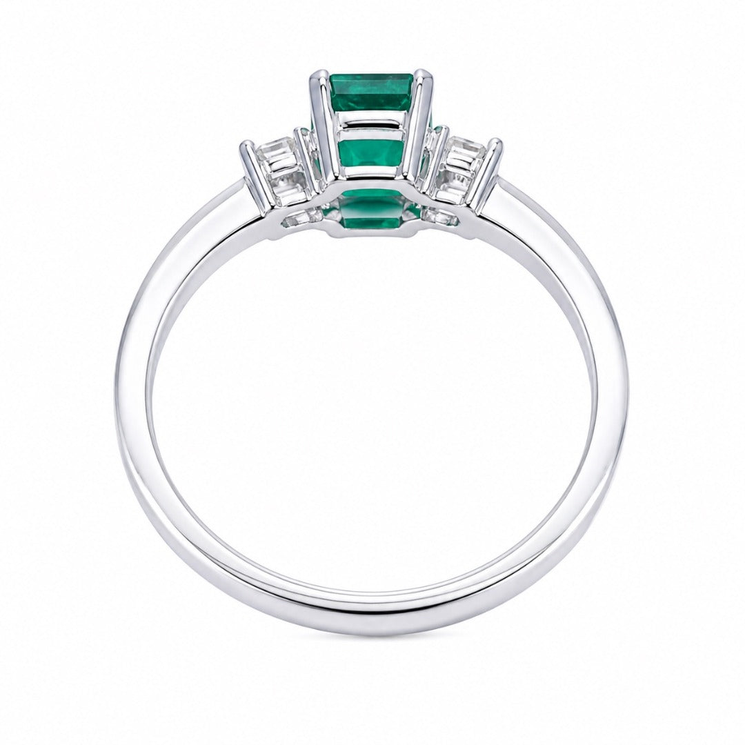 Bague en or 18 carats avec diamants et émeraudes, taille baguette et taille émeraude naturelle 0,75 carat